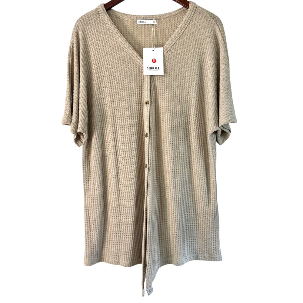 MIHOLL Waffle Knit‎ Button Down Top Tie Front Shirt Blouse XL